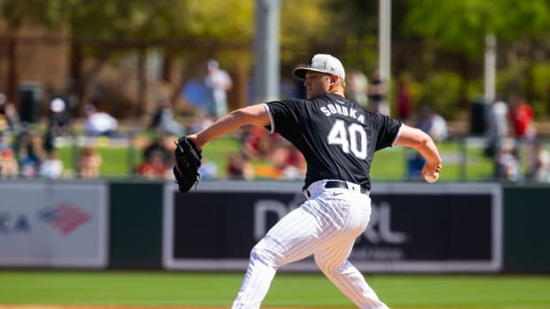 Mar 14, 2024; Phoenix, Arizona, USA; Chicago White Sox pitcher Michael Soroka against the Los Angeles Angels during a spring training baseball game at Camelback Ranch-Glendale. Mandatory Credit: Mark J. Rebilas-USA TODAY Sports  